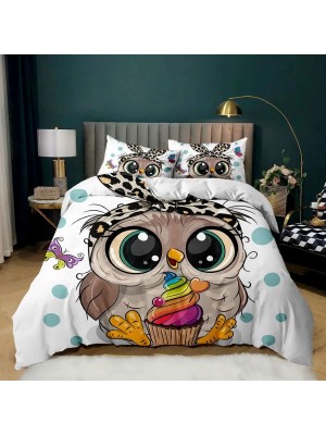 Set Copri Piumone Lenzuolo Federe Copripiumino Gufi Owls Duvet Cover BED0054M